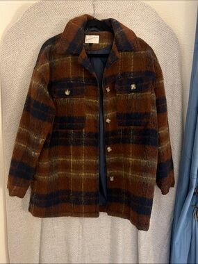 Plush Plaid Button-Front Shacket in Brown & Navy